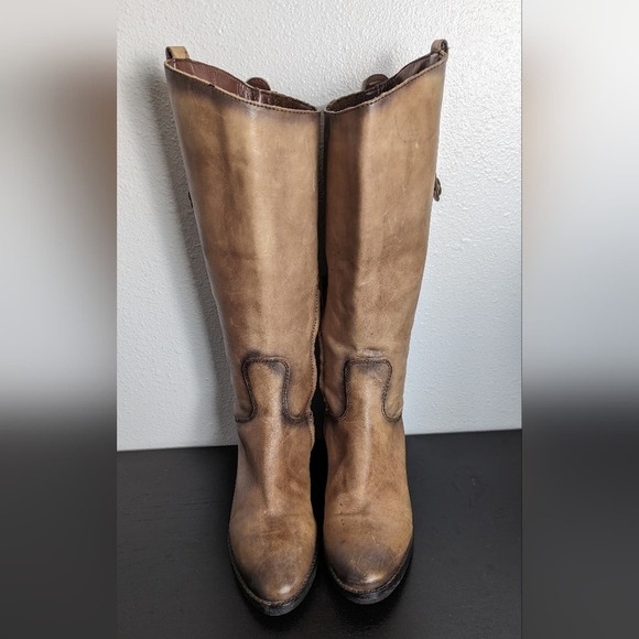 Arturo Chiang Women's 7 Tan Distressed Button Embellished Tall Riding Boots - Picture 3 of 16